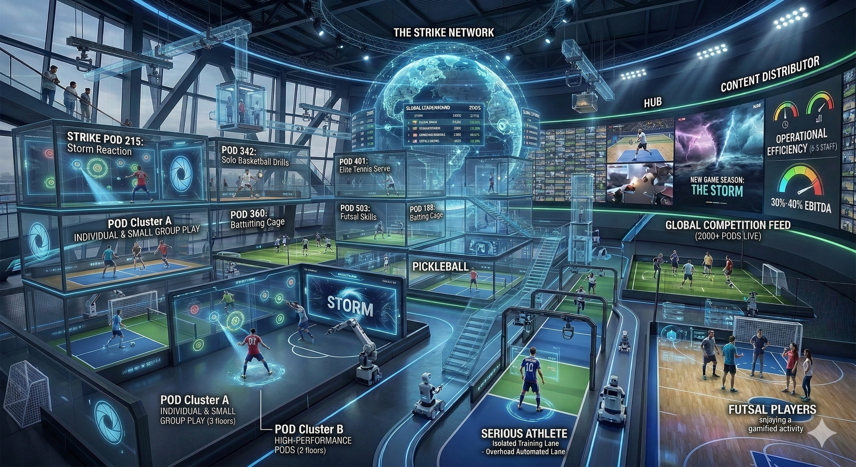 STRIKE Arena - The STRIKE Network concept featuring automated sport pods, global competition feed, and multi-floor venue layout